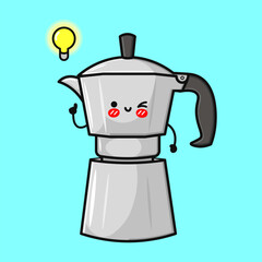 A cute cartoon moka pot has a bright idea with a lightbulb above its head.