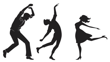 Three diverse silhouettes of people dancing joyfully and energetically in dynamic poses against a clean white background