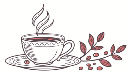 Hand drawn illustration of a steaming cup of coffee on a saucer next to a branch with leaves and coffee beans perfect for cafe or beverage themes