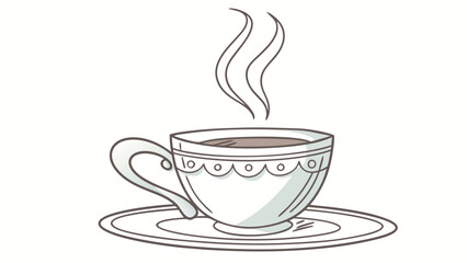 A charming hand drawn illustration of a steaming cup of coffee or tea on a saucer perfect for cafe or beverage themed designs