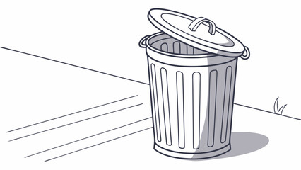 A simple line art illustration of a metal trash can with its lid open standing on a sidewalk next to a curb with a small tuft of grass