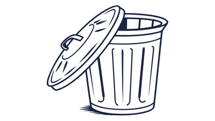 A simple cartoon illustration of a dark blue outline of an open trash can with its lid tilted to the side on a white background