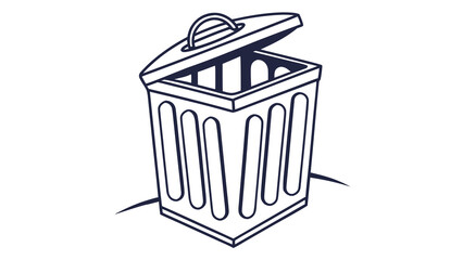 A simple hand drawn outline illustration of an open trash can with a lid isolated on a white background suitable for various design projects