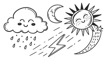 Cute hand drawn doodle illustration featuring a smiling sun crescent moon rainy cloud lightning bolt and a shooting star against a white background