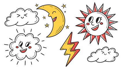 Collection of cute cartoon weather icons including a smiling sun crescent moon with stars lightning bolt and fluffy clouds with happy faces on a white background