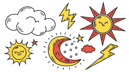 Whimsical hand drawn weather icons featuring smiling suns a crescent moon stars clouds and lightning bolts on a white background