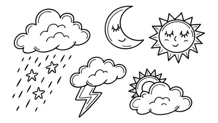 Charming hand drawn weather icons featuring a smiling sun a sleeping crescent moon clouds with rain and stars and a cloud with a lightning bolt and a partial sun