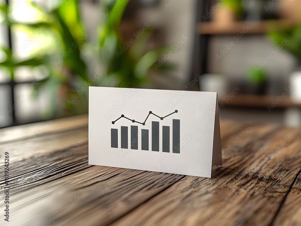 Poster A white card displaying a clear bar and line graph with an upward trend symbolizing business growth and positive financial progress on a wooden table