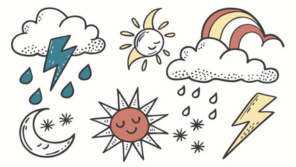 Whimsical hand drawn weather icons featuring a smiling sun crescent moon with stars colorful rainbow rain clouds and lightning bolts in a playful doodle style