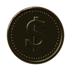 Dark metallic coin with a dollar symbol isolated on a white background.