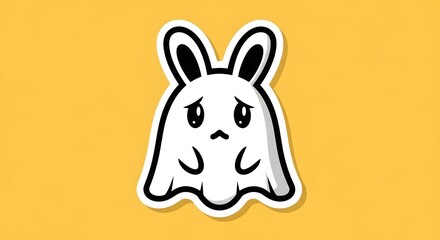 Cute bunny ghost character with sad kawaii face, simple cartoon illustration on yellow background, adorable Halloween sticker design for kids, seasonal decoration, mascot artwork, and playful spooky 