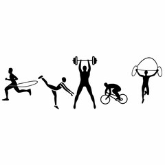 Collection of black silhouette icons representing various sports and fitness activities including running with a jump rope ballet weightlifting cycling and jump roping