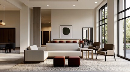 A modern, stylish lounge area featuring neutral tones, contemporary furniture, and large windows allowing natural light.