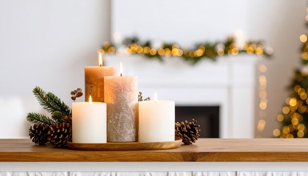 Cozy holiday centerpiece: lit pillar candles on a wooden tray with pinecones and evergreen sprigs, warm glow and bokeh lights on a decorated mantel. - Powered by Adobe