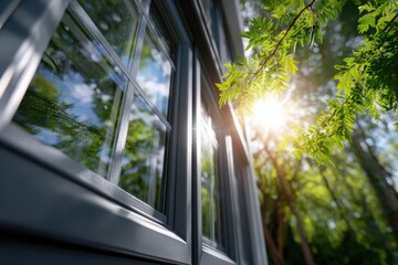 Modern double glazed windows reflecting sunlight in a green setting Generative AI