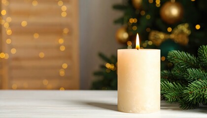 Lit pillar candle on a table beside fir branches and a decorated Christmas tree with warm bokeh lights in the background.