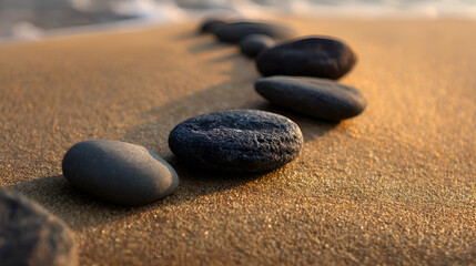 Black stones creating a path on the golden sand at sunset