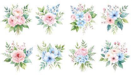 Nine floral bouquets in pastel colors
