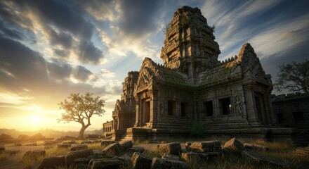 Ancient temple ruins bathed in golden sunset light with dramatic clouds and a lone tree.