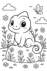 Fototapeta premium Adorable chameleon sitting on a rock surrounded by flowers illustration