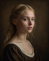 Elegant Renaissance-style photographic portrait of a young woman with braided blonde hair.