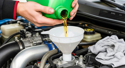 Car Maintenance: Pouring Fresh Oil into Engine