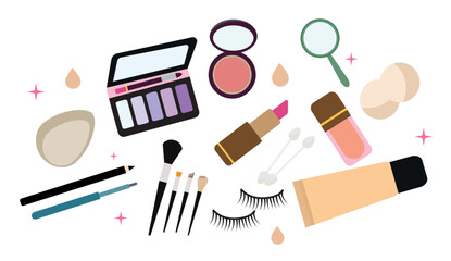 woman cosmetic products beauty set cosmetics set mascara lipstick eye shadows brush concealer lip gloss sponge trendy hand drawing doodle style elements
