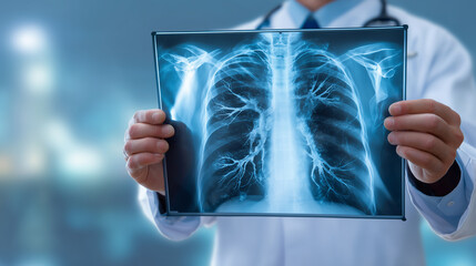 Doctor with radiological chest lung xray film for medical diagnosis in hospital.