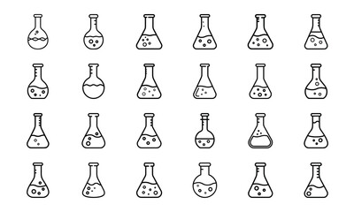 Collection of Laboratory Flask Icons – Black and White Line Art of Science Beakers, Chemistry Test Tubes, and Experimental Glassware Symbols for Education, Research, and Scientific Design
