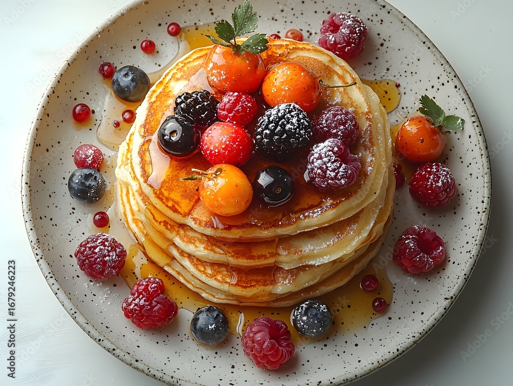 Poster a delightful stack of golden pancakes drizzled with maple syrup and generously topped with an assort