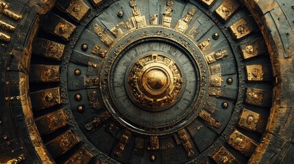 Obraz premium A large, ornate, circular metal door with intricate designs and symbols, set against a dark background with a hint of light, possibly indicating a temple or ancient structure.