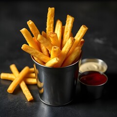 Rustic French Fries in Metal Cup with Ketchup and Aioli Dips