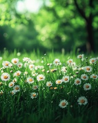 Fototapeta premium Small white flowers blooming in the grass