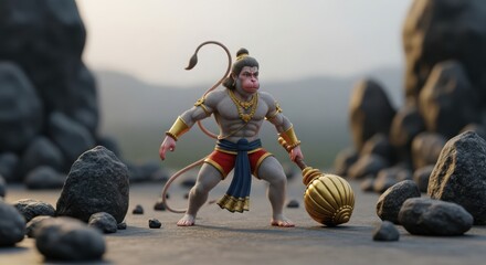 Hanuman holding mace in rocky landscape Hindu god monkey god