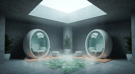 Futuristic spa room with two oval shaped relaxation pods illuminated by a bright overhead light and a glowing energy source on the floor