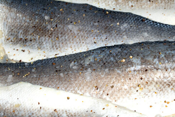Macro close up of raw basa fish skin with scale detail ready for cooking © squeebcreative