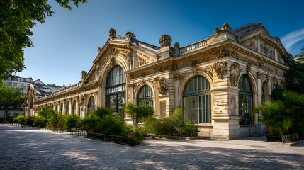 Fototapeta premium Serre de jardin d'hiver in paris illuminating surrounding plants on sunny day