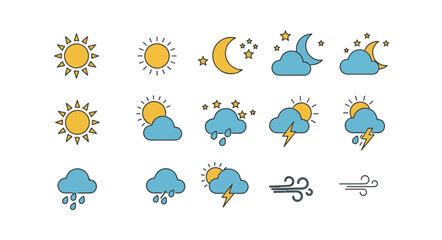 Obraz premium Weather Icons Vector Set with Cloud, Sun, Rain, and Snow Symbols