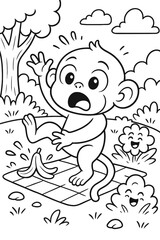 Cartoon monkey slips on banana peel in funny comic style drawing