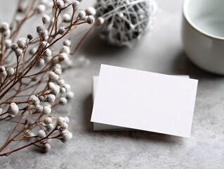 Minimalist workspace, blank business card on textured surface, neutral colors, perfect for branding or personal touch.