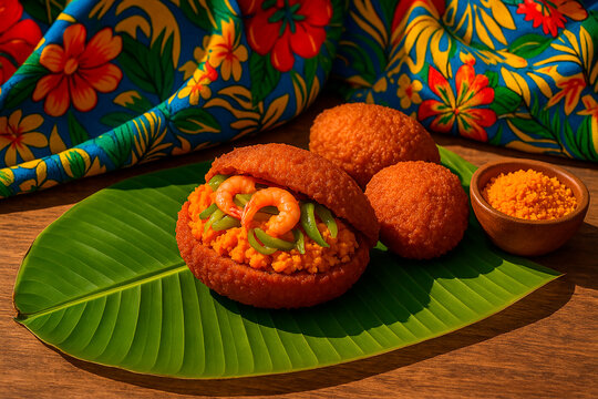 Acaraj&eacute; baiano tradicional com camar&atilde;o e farofa em folha de bananeira
