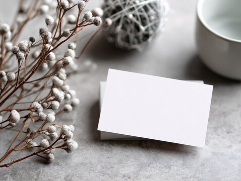 Minimalist workspace, blank business card on textured surface, neutral colors, perfect for branding or personal touch.