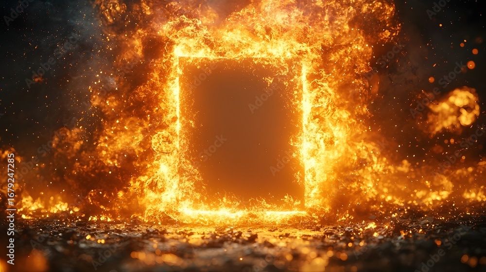 Poster a fiery glowing square portal or frame burns intensely with vibrant orange flames and sparks on a da