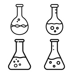 Collection of Laboratory Flask Icons &ndash; Black and White Line Art of Science Beakers, Chemistry Test Tubes, and Experimental Glassware Symbols for Education, Research, and Scientific Design