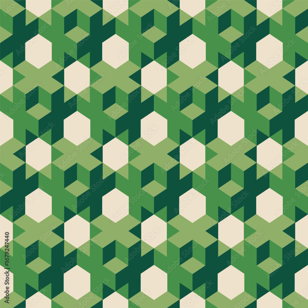 Poster geometric 3d hexagon star abstract pattern in green and beige background