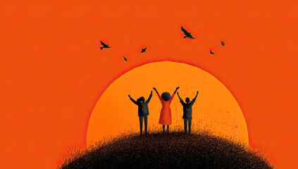 Silhouettes of three people on a hilltop, arms raised, facing a large sun, with birds in flight against an orange background