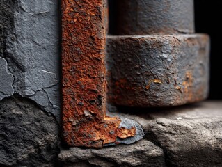Closeup of weathered metal and stone texture.