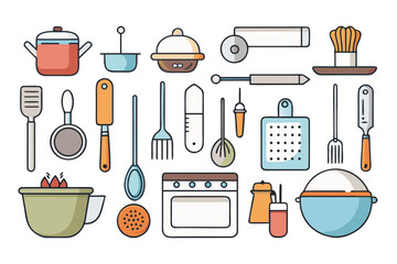 Kitchen utensils and tools icon set illustration