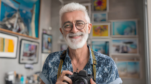Senior photographer smiling and holding camera in studio