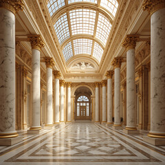 Obraz premium The hall is a luxurious classical space with tall white columns, golden capitals, and a glass ceiling, serving as a royal interior and ceremonial space.